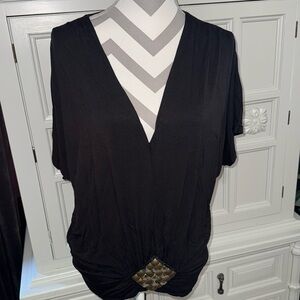 Black V-Neck Studio Y Blouse with Gold Front Waist Detail - Size Medium